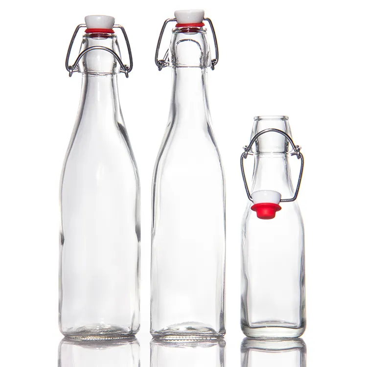 प्लास्टिक क्लिप ढक्कन के साथ साफ़ 350 मिलीलीटर गोल फलों का रस दूध चाय की बोतल खाली पैकेजिंग पेय ग्लास हैंडल बोतल