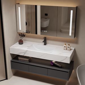 Armoire de salle de bain murale multifonctionnelle anti-buée, design minimaliste, avec miroir, éclairage et rangement latéral. - Product Image 1