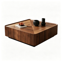 Table basse en noyer de style moderne du milieu du siècle, structure en bois, base en métal, design minimaliste, table de salon carrée, fonctionnelle