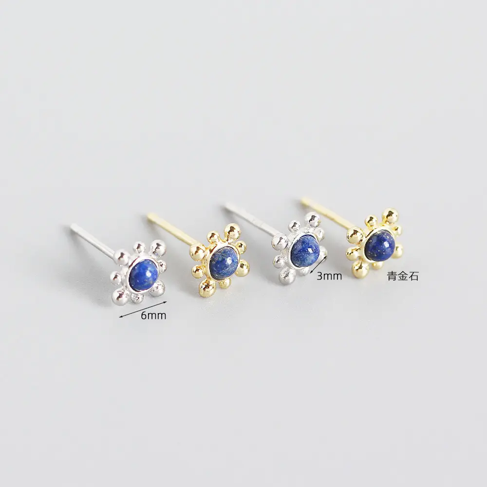 New Fine Jewelry 925 Sterling Silver Small Earrings Natural Lapis Lazuli Stone Diamond Bead Round Shape Gold Stud Earrings