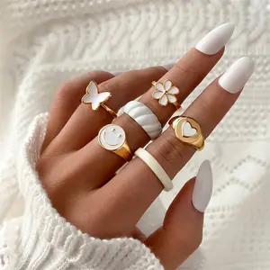 18k Plated Ring Hot Selling Smile Flower Butterfly Heart Creative Enamel White 18K Gold Plated Ring Jewelry