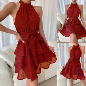 Abito Sexy Casual da donna estivo su misura con cintura rossa appesa al collo arricciata con orlo basso senza maniche abito senza maniche intrecciato naturale - Product Image 3
