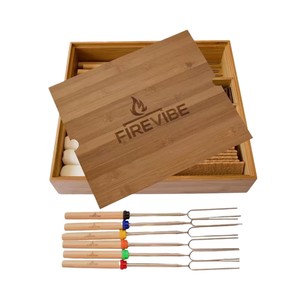 Firevibe Bamboo Storage Box For Barbecue Tools Square Handmade Gift Craft Box With Forks Set - Product Image 2