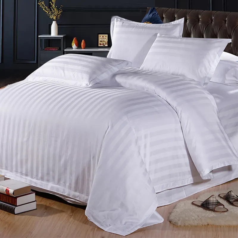 100% Cotton 60*40S 3 cm Satin Stripe Wholesale Hotel Linen White Bed Sheet Sets Queen King Size Customize Bedsheet Bedding Set