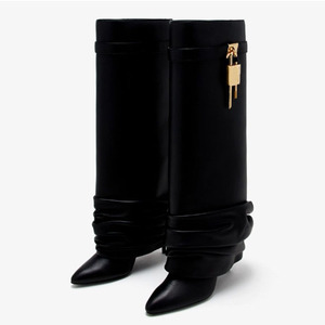 Pleated Upper Thin High Heel Pointed Toe Overlay Shoes Dress Metal Lock Pants Boots Women's Folded Over Knee High <b>Booties</b> - Product Image 4