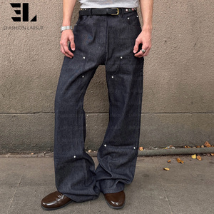 Pantalones de Carpintero LARSUR Personalizados de Fábrica, Premium, Lavado Pesado, Denim Selvedge, Doble Rodilla, Pierna Recta, Estilo Japonés, Jeans Salvage para Hombre - Product Image 1