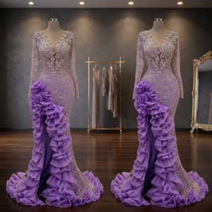 Vestido de Noche Morado Recto Casual Ecológico Transpirable Antiestático con Cintura Imperio y Cola Larga hasta el Suelo con Bordado de Lentejuelas - Product Image 3