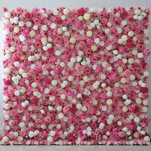 Mur de fleurs artificielles romantique et rêveuse pour mariage, 8 pieds x 8 pieds, roses roses mélangées, polyester fait main, réutilisable, panneau 3D - Product Image 1
