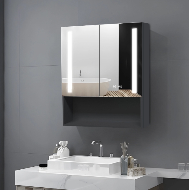 Double Door LED Mirror Cabinet Anti-Fog Function 3CCT Strip Lights Iron Powder Coating Two Touch Buttons Special Bath Mirrors