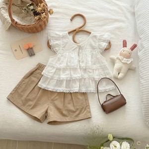 Girls Summer Cotton Two Piece Set White Top With Lace Beige Shorts Solid Color Thin Fabric Kids Outfit For Toddlers - Product Image 1