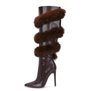 Fabricant Personnalisé Usine Luxe Dames Sexy Stiletto Genou Talon Haut Fourrure Imprimé Croc Femmes Large Mollet Chaussures Bottes - Product Image 4