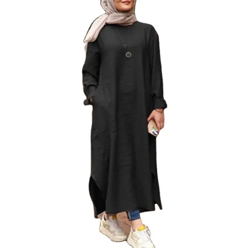 새로운 이슬람 단색 긴 소매 셔츠 포켓 a 라인 드레스 캐주얼 가운 이슬람 여성 드레스