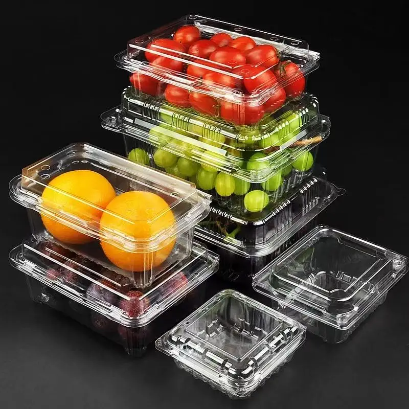 Custom clear transparent food container PET disposable plastic clamshell vegetable fruit packaging box for grape lychee cherry