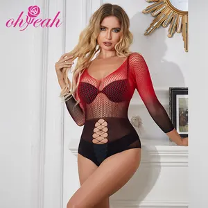 Toptan sıcak kızlar bodybodysiyah ve kırmızı iki renkli degrade sıkı Fishnet bodybodysuit See Through Bodysuit