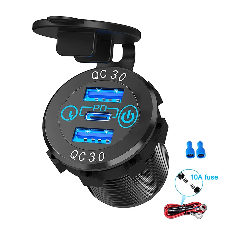Triple Aluminum Metal 60W USB-C Multiple Car Charger Socket PD3.0 & Two QC3.0 Ports with Touch Switch Fast Car Adapter