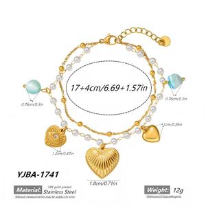 18K PVD Gold Plated Pearl Aqua Stone Tarnish Free Jewelry Gift <b>Boho</b> Double Layer Stainless Steel Heart Devil Eye Charm <b>Bracelet</b> - Product Image 5