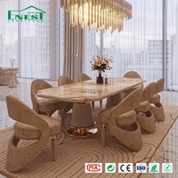 Ensemble de table à manger de luxe avec plateau en pierre et chaises sculpturales rembourrées en velours pour villa, hôtel, restaurant - Fournisseur de meubles tout-en-un