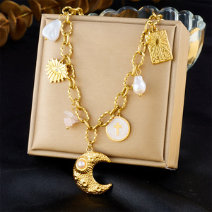 <b>Cross</b> Border Fashion Retro Gold Plated Stainless Steel <b>Chain</b> Moon Star <b>Cross</b> Pendant Necklace Gift - Product Image 1