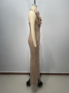 LF2385A <span class=keywords><strong>Abito</strong></span> <span class=keywords><strong>da</strong></span> Sera Elegante a Sirena <span class=keywords><strong>Monospalla</strong></span> con Perline di Cristallo Oro Champagne e Rose 3D - Product Image 5