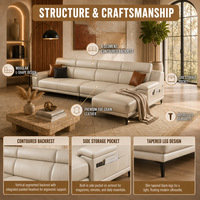 Canapé d'angle électrique moderne en cuir véritable beige, avec appuie-tête réglable, pieds en bois, rembourrage écologique en éponge, trois places
