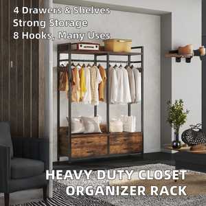 Industrial Freestanding Closet Organizer Heavy Duty Garment Rack with Wood Drawers and <b>Shelves</b> - Product Image 2