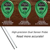 Medidor de tierra de 3 vías para luz de humedad y prueba de PH, Sensor de humedad del suelo, probador de plantas para granja de césped y jardín