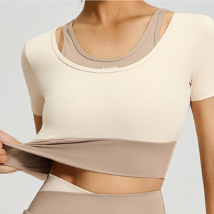 Wholesale Women's <b>Built</b>-<b>in</b> <b>Bra</b> Pad Yoga <b>Top</b> 2 <b>in</b> 1 Layered Short Sleeve Workout Shirt Slim Fit Breathable Athletic Wear OEM ODM - Product Image 5