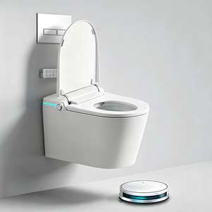 Inodoro inteligente alargado sin borde, suspendido en la pared, con bidé cerámico, descarga con sensor de pie, control remoto y asiento calefactado, para proyectos hoteleros europeos. - Product Image 1