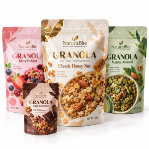 Saco Personalizado de Fundo Plano em Papel Kraft com Zíper para Embalagem de Alimentos Grau Alimentício, Ideal para Viagens, Tipo Stand-up, com Textura Crocante de Pele de Salmão - Product Image 1