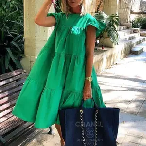 Casual Summer Cute Women Round Colar Dresses Ruffle Design Baggy Green Dress