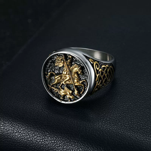 Moda PVD Ouro Aço Inoxidável Permernent Vintage Tarnish Free St. George Dragon Slayer Anel dos homens Punk Jóias para Homens Homem - Product Image 3