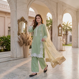 <b>Green</b> <b>Silk</b> Salwar Kameez Set Lace Embroidered Indian Pakistani Women Outfit Wedding Party Dress - Product Image 1