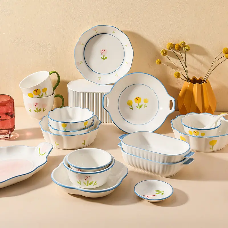 Высококачественные керамические миски и тарелки в нордическом стиле, оптовая продажа, тюльпановая сетка, красная посуда