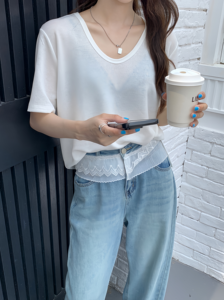 <span class=keywords><strong>T</strong></span>-<span class=keywords><strong>shirt</strong></span> décontracté pour <span class=keywords><strong>femme</strong></span>, <span class=keywords><strong>col</strong></span> en <span class=keywords><strong>V</strong></span>, 180 grammes, coupe ajustée, <span class=keywords><strong>manches</strong></span> courtes, tricoté, style oversize, é<span class=keywords><strong>t</strong></span>é - Product Image 2