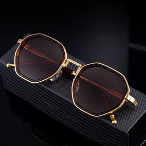 Lunettes de soleil polygonales HJ-7330 pour hommes, monture en métal, protection UV400, classe 2, pare-soleil, monture noire, verres en PC - Product Image 2