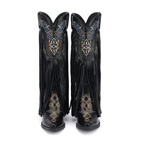 Bottes d'hiver classiques personnalisées, brodées, à talon carré en bois, style cowgirl, avec pompons et franges noires, montantes au-dessus du genou, pour automne/printemps