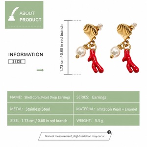 Boucles d'oreilles pendantes en forme de coquillage et de perle, en acier inoxydable, imitation perle, émail rouge, motif branche, bijoux à clous - Product Image 3