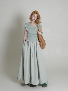 Jupe midi ample à taille haute verte pour femmes, nouvelle jupe longue décontractée de style coréen pour l'automne, polyvalente, style A - Product Image 3