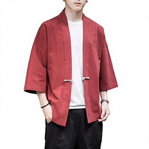 Men's Casual High Quality Loose Collarless Bomber Jacket Cotton & Linen Solid Pattern Embroidery Open Front Spring <b>Coat</b> - Product Image 2