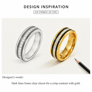 Anillo de Zirconia con Detalles Negros, Acero Inoxidable, Chapado en Oro de 14K al Vacío, Joyería con Banda de Zirconia - Product Image 4