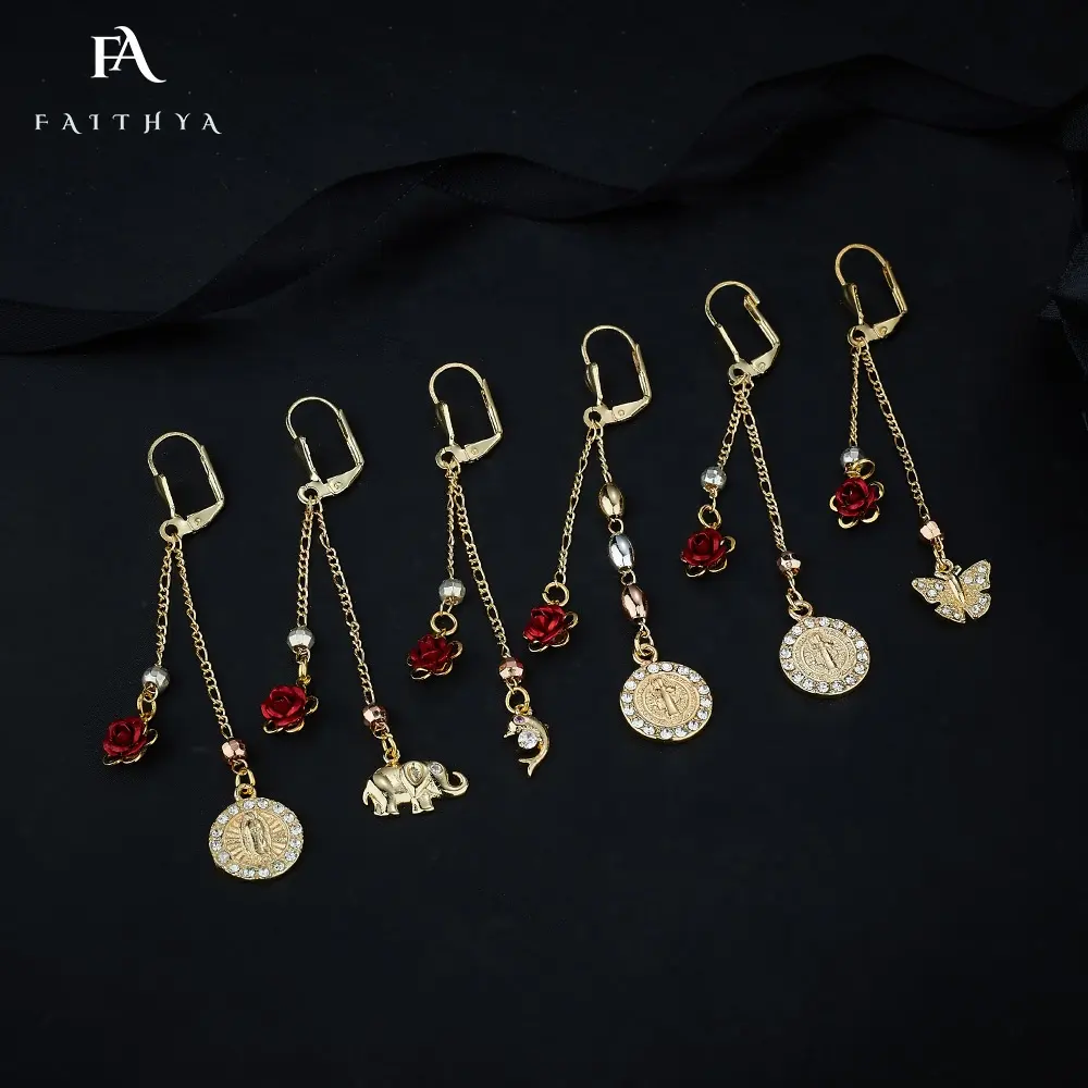 FE3000 Faithya takı uzun elmas küçük kolye tasarımı parlak kırmızı gül ile 14k 18k zincir küpe kadınlar için