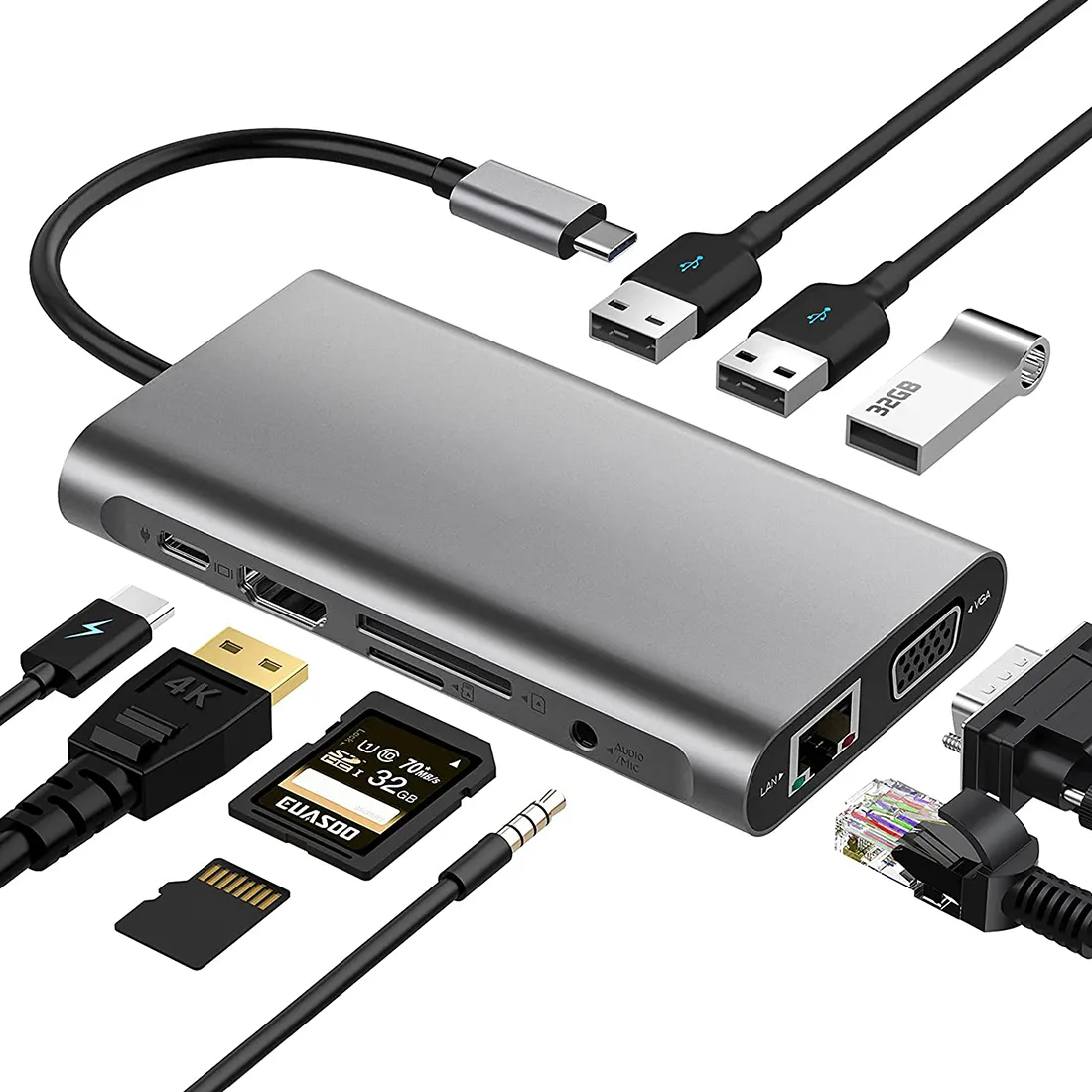 Premium 1000M LAN vga pd usb hub İşlevli 10 in 1 güç adaptörü tipi c hub dizüstü macbook laptop için yerleştirme istasyonu pc