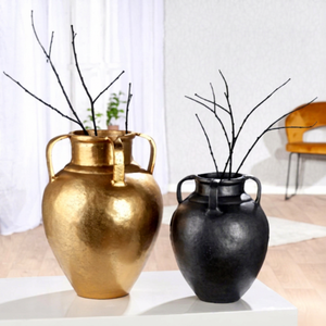 Jarrones Modernos Bloom en Dorado y Bronce Negro con Asas, Macetas Decorativas de Metal para Diseño de Interiores del Hogar, 34 cm de Altura - Product Image 1