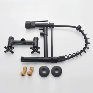 Vòi bếp gắn tường thiết kế cổ điển hiện đại, chất liệu đồng thau đánh bóng, hai tay cầm, vòi xịt kéo, tính năng thác nước, nước nóng lạnh - Product Image 5