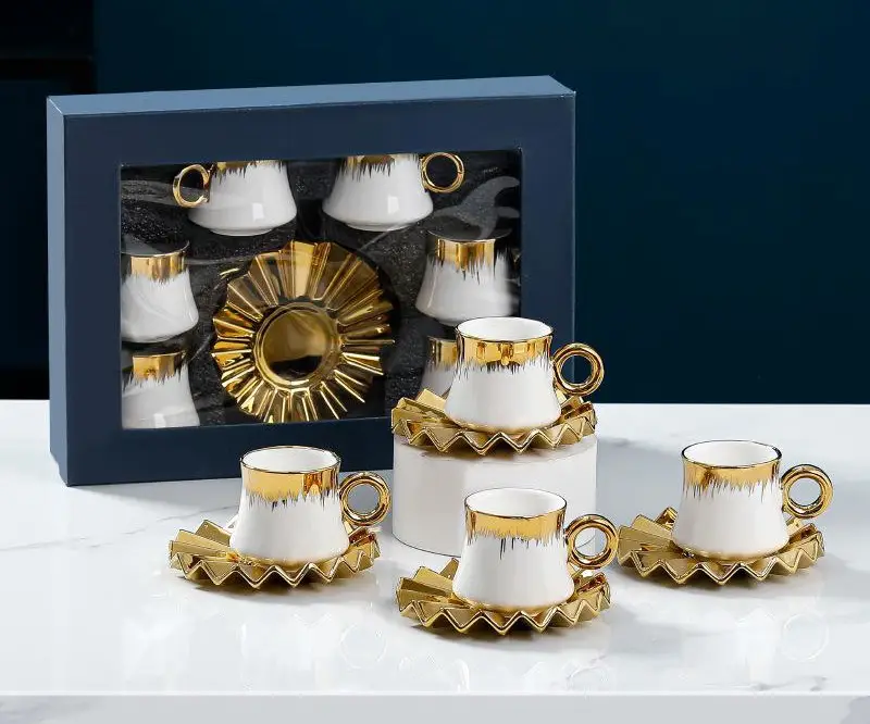 Whosale Novo Design 90Ml Luxo 6 Pcs/Set Preto Ouro Mármore Cerâmica Caneca Logotipo Personalizado Copos De Café E Pires Com Caixa De Presente