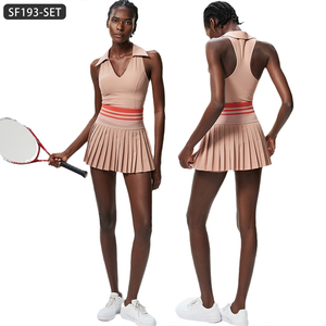 Trainingsrok Set-Tennisrok Met Hoge Taille En Ingebouwde Korte Broek En Sportbeha Met V-Hals Sneldrogende Antislip Yoga Outfit 2-delige Set - Product Image 3