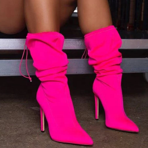 Plus Size 43 Solid Suede Upper Thin Heel Pointed Toe Half Knee High Women <b>Boots</b> Slip-on Mid-calf Daily Women Booties - Product Image 5