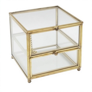 High End Glass Cube Gold Modern Stylish Jewelry Accessories Case <b>Makeup</b> Vanity Box - Product Image 1