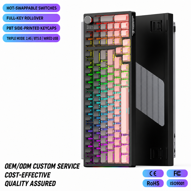 New Ergonomic Wireless USB Mechanical Keyboard 98 Keys Three Mode RGB Backlit Hot Swap Gaming Keyboard for Office Laptop Plastic