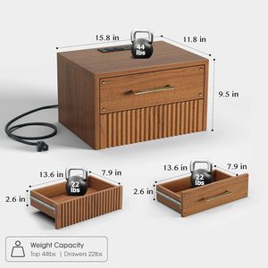 Wholesale Wood Wall Mounted <strong>Bedside</strong> <strong>Table</strong> with Charging Station <strong>Mid</strong> <strong>Century</strong> Modern Floating Nightstand with Storage Drawers - Product Image 6